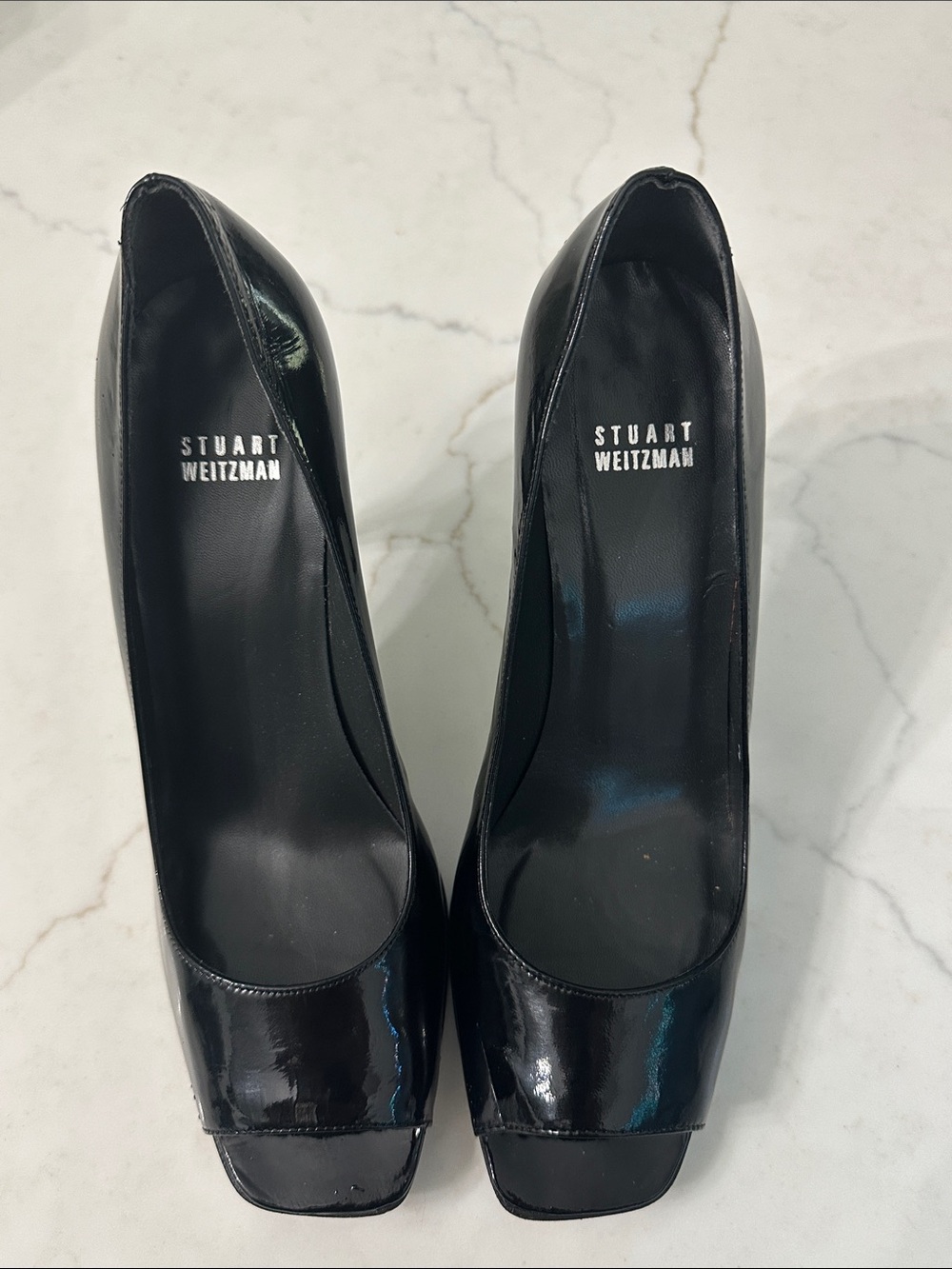 Stuart Weitzman Black Patent Leather Open-Toe Pumps